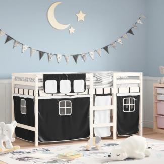Kinderhochbett mit Vorhängen Weiß Schwarz 90x200 cm Kiefernholz (Farbe: Weiß)