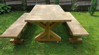 Casa Padrino Gartenmöbel Set Rustikal - Tisch + 2 Garten Bänke (Länge: 200 cm) - Eiche Massivholz
