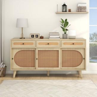 Merax Sideboard Landhausstil mit Schublade und 6 Fächer, Kommode mit Rattangeflecht, Anrichte, TV-Board, B:140cm