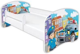 Clamaro 'Schlummerland 2021' Kinderbett 80x180 cm, Polizei Auto, inkl. Lattenrost, Matratze und Rausfallschutz (ohne Schublade)