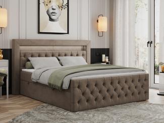 Boxspringbett, Stauraumbett mit Bettkasten, LED - GOLD-9 - 140x200cm - Braun Velours - H4