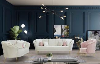 Casa Padrino Designer Art Deco Wohnzimmer Set Creme / Rosa / Gold - 2 Sofas & 2 Sessel - Wohnzimmer Möbel - Art Deco Möbel