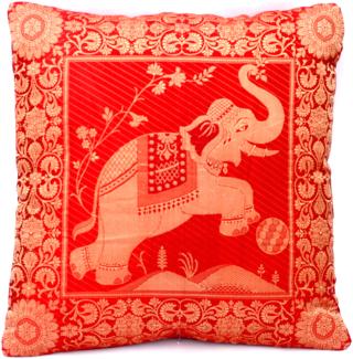 Handgewebter indischer Banarasi Seide Deko-Kissenbezug mit Extravaganten Elefant Design in Rot - 40 cm x 40 cm