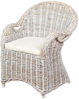 Rattan-Sessel CHARLOTTE White-Washed mit Sitzkissen Stuhl Armlehnstuhl Rattan