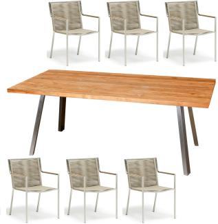Inko Sitzgruppe Varuna Edelstahl/Kordel/Teak 200x100 cm Tisch mit Stapelsesseln