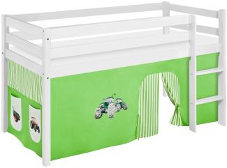 Lilokids 'Jelle' Spielbett 90 x 190 cm, Trecker Grün Beige, Kiefer massiv, mit Vorhang