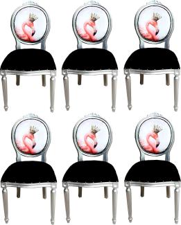 Casa Padrino Luxus Barock Esszimmer Set Flamingo mit Krone Schwarz / Mehrfarbig / Silber 48 x 50 x H. 98 cm - 6 handgefertigte Esszimmerstühle mit Bling Bling Glitzersteinen - Barock Esszimmermöbel