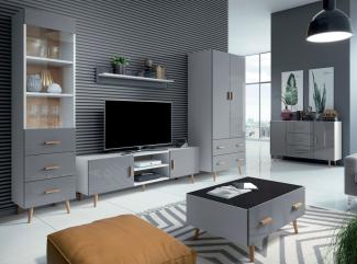 Wohnzimmer-Set "Brillo" Anbauwand 6-teillig grau Hochglanz weiß artisan eiche