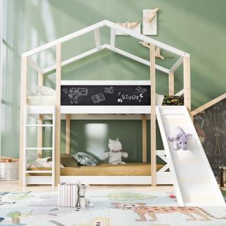Merax Kinderbett Baumhaus mit Rutsche & Leiter 90 x 200 cm, Hochbett für Kinder– 2x Lattenrost- Natur & Weiß