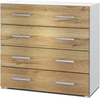 Vladon Sideboard Pavos, Kommode mit 4 Schubladen, Weiß matt/Eiche Natur (76 x 72 x 35 cm)