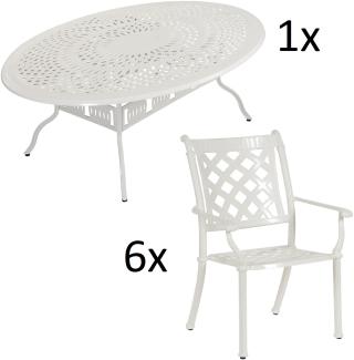 Inko 7-teilige Sitzgruppe Alu-Guss weiß Tisch oval 216x152x74 cm cm mit 6 Sesseln Tisch 216x152 cm mit 6x Sessel Duke