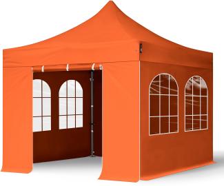 3x3 m Faltpavillon, PREMIUM Stahl 40mm, Seitenteile mit Sprossenfenstern, orange