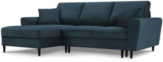Micadoni 4-Sitzer Ecke links Sofa mit Bettfunktion und Box Moghan | Bezug Dark Blue | Beinfarbe Black Beech Wood