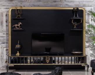 Casa Padrino Luxus Barock TV Schrank Schwarz / Gold - Prunkvolles Wohnzimmer Sideboard mit Rückwand - Barock Wohnzimmer Möbel
