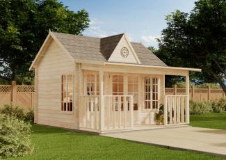 Alpholz Gartenhaus CLOCKHOUSE® Oxford 44 ISO Gartenhaus aus Holz Holzhaus mit 44 mm Wandstärke inklusive Terrasse FSC zertifiziert Blockbohlenhaus mit Montagematerial