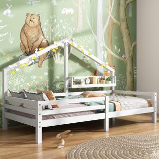 Merax Bett Massivholz Einzelbett Hausbett mit Ablageregal 90x200cm Weiß