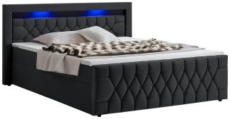 Juskys Polsterbett Leona 180x200 cm - Bett mit LED Beleuchtung, Topper & H4 Federkern Matratzen - Einzelbett Schwarz mit Samt und Steppung