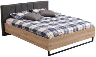 Doppelbett Holzbett Polsterbett 160x200 cm Bett Eiche Stoff Grau Bettgestell Industrial Style