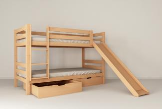 Etagenbett Kinderbett MARK 200x90 cm mit Rutsche und 2 Bettkästen Buchenholz massiv Natur