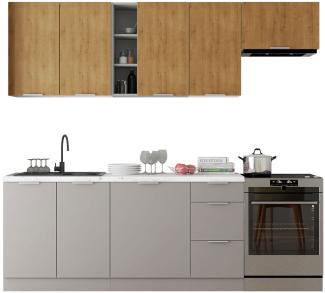 Küchenzeile Eurybia 240 (Farbe: Weiß / Grau Platin + Eiche Burlington + Piemonte, mit LED-Beleuchtung)