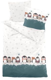 Dormisette Fein Biber Bettwäsche 155x220 Pinguine Iglu Eiskristalle petrol weiß 3610-40