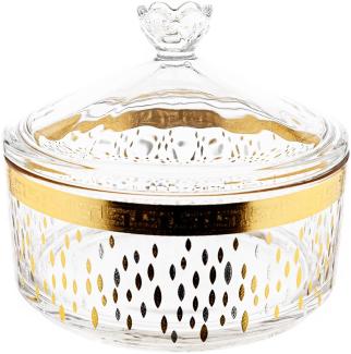 Almina Bonboniere 2-teilig Glasschale und Deckel mit goldenen und silbernen Details Punktemotiv