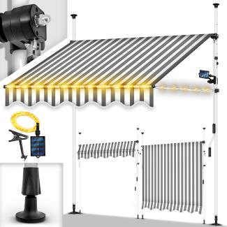 tillvex Klemmmarkise 400 cm Grau/Weiß mit LED mit Handkurbel Balkon | Balkonmarkise ohne Bohren | Markise UV-beständig & höhenverstellbar | Sonnenschutz wasserdicht