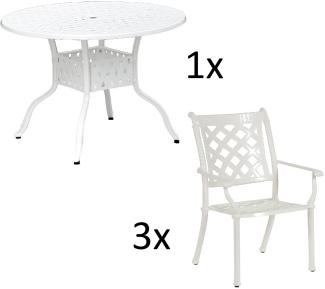 Inko 4-teilige Sitzgruppe Aluminium Guss weiß Tisch Ø 106 cm mit 3 Sesseln Tisch Ø106 cm mit 3x Sessel Duke