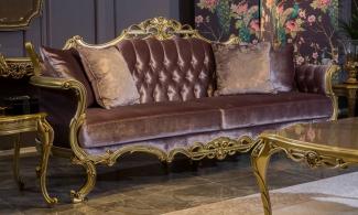 Casa Padrino Luxus Barock Samt Sofa Fliederfarben / Gold 226 x 84 x H. 109 cm - Prunkvolles Wohnzimmer Sofa mit dekorativen Kissen