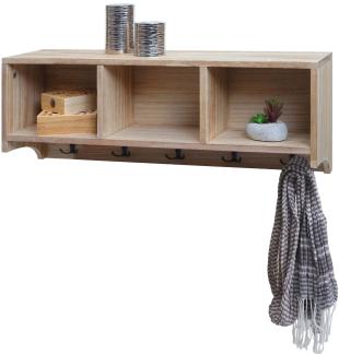 Wandregal HWC-K49, Garderobe Wandgarderobe Regal, 3 Staufächer 5 Haken 30x80x20cm Holz ~ naturbraun