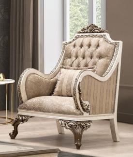 Casa Padrino Luxus Barock Sessel Beige / Cremefarben / Braun / Gold - Prunkvoller Wohnzimmer Sessel mit elegantem Muster - Barock Wohnzimmer Möbel