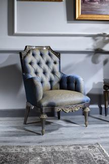 Casa Padrino Luxus Barock Chesterfield Wohnzimmer Sessel Blau / Gold / Schwarz 74 x 88 x H. 103 cm - Barockmöbel