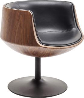 Kare Design Drehstuhl Club Walnut, drehbarer Sessel aus Kunstleder mit Rückenfläche in Holzfurnier Wallnuss, Tuplenfuß in schwarz, moderner Clubsessel (H/B/T) 75x62x61cm