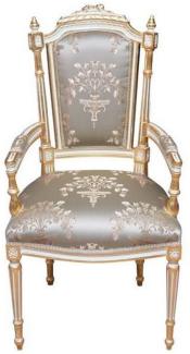 Casa Padrino Barock Esszimmerstuhl Silber / Weiß / Gold - Handgefertigter Antik Stil Stuhl mit Armlehnen - Esszimmer Möbel im Barockstil