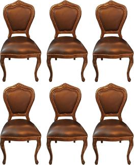 Casa Padrino Luxus Barock Esszimmer Set Braun / Braun 45 x 47 x H. 99 cm - 6 handgefertigte Massivholz Esszimmerstühle mit Echtleder - Barock Esszimmermöbel
