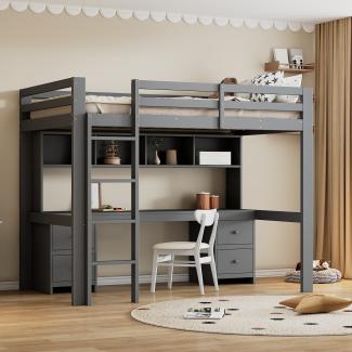 Merax Hochbett Massivholz Kinderbett Etagenbett mit Tisch und Schubladen 90x200cm, grau