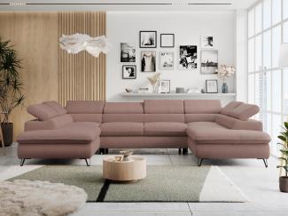 Ecksofa U-Form, mit Bettkasten, Bettfunktion und Einstellbare Kopfstützen, Sofa big XXL - PETER U - Rosa Boucle