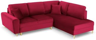 Micadoni 5-Sitzer Samtstoff Ecke rechts Sofa mit Bettfunktion und Box Moghan | Bezug Red | Beinfarbe Gold Metal
