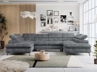 Ecksofa U-Form, mit Bettkasten, Bettfunktion und Einstellbare Kopfstützen, Sofa big XXL - PETER U - Dunkelgrau Cord