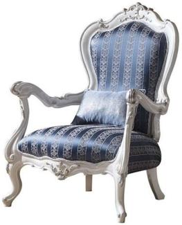 Casa Padrino Luxus Barock Wohnzimmer Sessel mit dekorativem Kissen Blau / Weiß / Silber 80 x 75 x H. 120 cm - Prunkvolle Barock Möbel