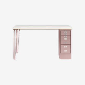 MultiDesk, 2 Stahlfüße, 1 MultiDrawer mit 8 Schüben, Dekor Plywood, Farbe Pastellpink, Maße: H 740 x B 1400 x T 600 mm