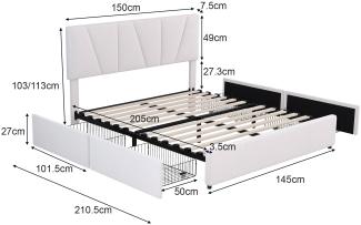 Merax Polsterbett 140x200 aus Samt Doppelbett Funktionsbett mit Höhenverstellbares Kopfteil & 4 Schubladen & Lattenrost Beige
