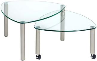 2-Stufen-Glastisch, klar/ Metall nickelfarbig, mit Rollen, 80x80 cm