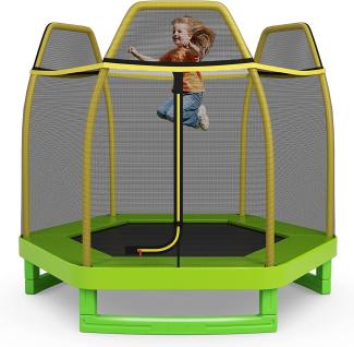 COSTWAY 223 cm Kinder-Trampolin mit Sicherheitsnetz und Federkissen, Outdoor- / Indoor-Trampolin für Kleinkinder mit verzinktem Stahlrahmen, für Jungs und Mädchen Grün