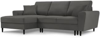 Micadoni 4-Sitzer Ecke links Sofa mit Bettfunktion und Box Moghan | Bezug Grey | Beinfarbe Black Beech Wood