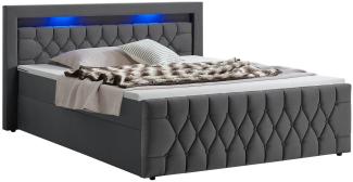Juskys Polsterbett Leona 140x200 cm - Bett mit LED Beleuchtung, Topper & H4 Federkern Matratzen - Einzelbett Grau mit Samt und Steppung