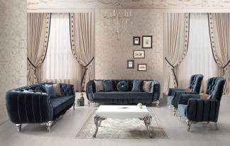 Casa Padrino Luxus Barock Wohnzimmer Set Blau / Silber - 2 Sofas & 2 Sessel & 1 Couchtisch - Elegante Wohnzimmer Möbel im Barockstil