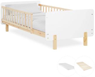 Kinderbett 90x200 cm mit Matratze Rausfallschutz Weiß Bettgestell Holzbett Einzelbett Gitterbett Massiv Holzbettrahmen Lattenrost