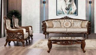 Casa Padrino Luxus Barock Wohnzimmer Set Beige / Braun / Gold - 2 Barock Sofas mit Muster & 2 Barock Sessel mit Muster & 1 Barock Couchtisch - Barock Wohnzimmer Möbel - Edel & Prunkvoll