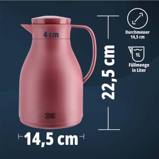 KHG Isolierkanne 1 Liter Rot Pastellrot, Quick Press & Drehverschluss, außen Kunststoff matt ,innen Glas BPA-frei, Thermoskanne 1l für heiße & kalte Getränke mit präzisem Ausgießer